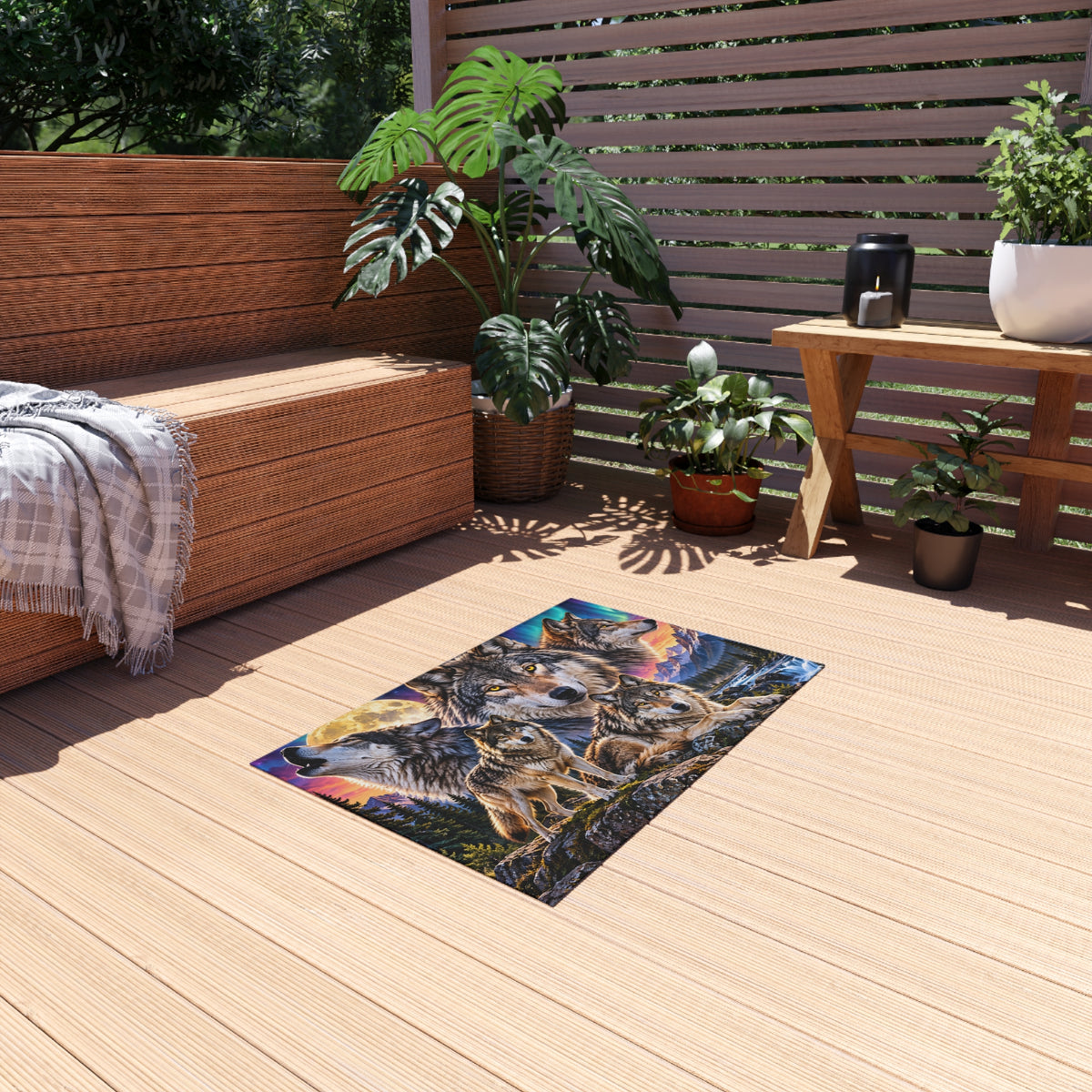 Wolf Pack Outdoor Rug — Scenic Mountain & Northern Lights Design