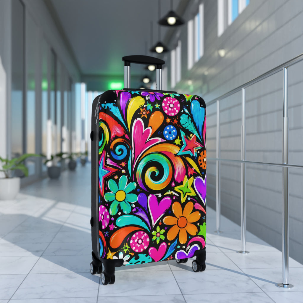 Colorful Retro Floral Suitcase — Bright Hippie Heart & Star Luggage Cover