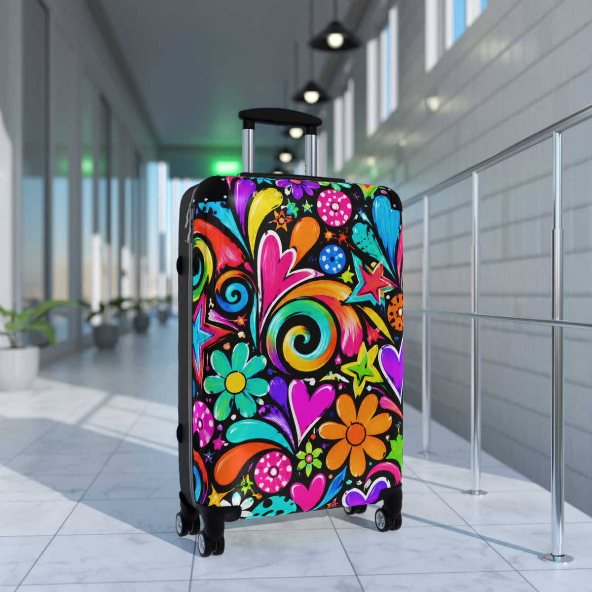 Colorful Retro Floral Suitcase — Bright Hippie Heart & Star Luggage Cover