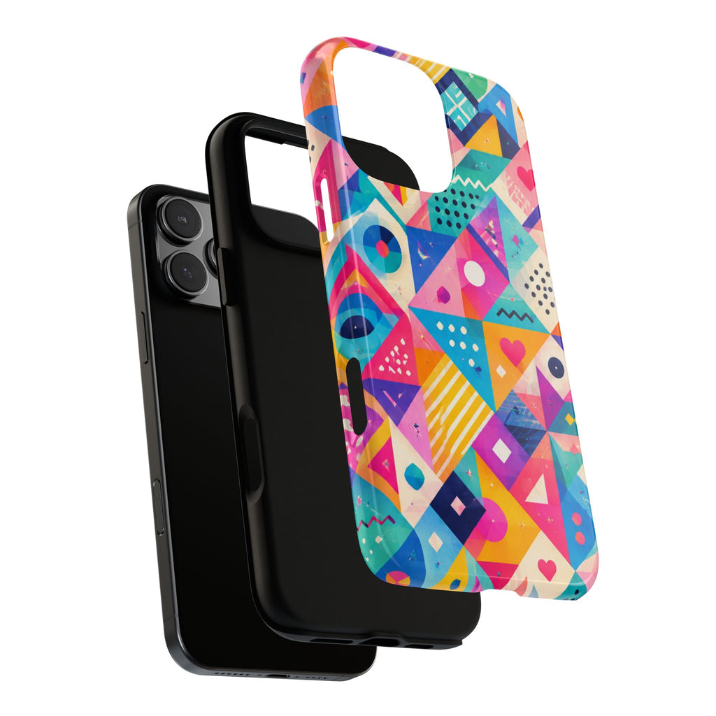 Colorful Geometric Tough Phone Case — Bright Abstract Heart & Triangle Pattern