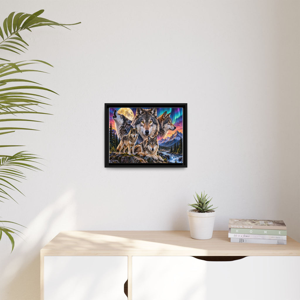 Framed Wolf Pack Matte Canvas Wall Art — Northern Lights Wilderness Scene