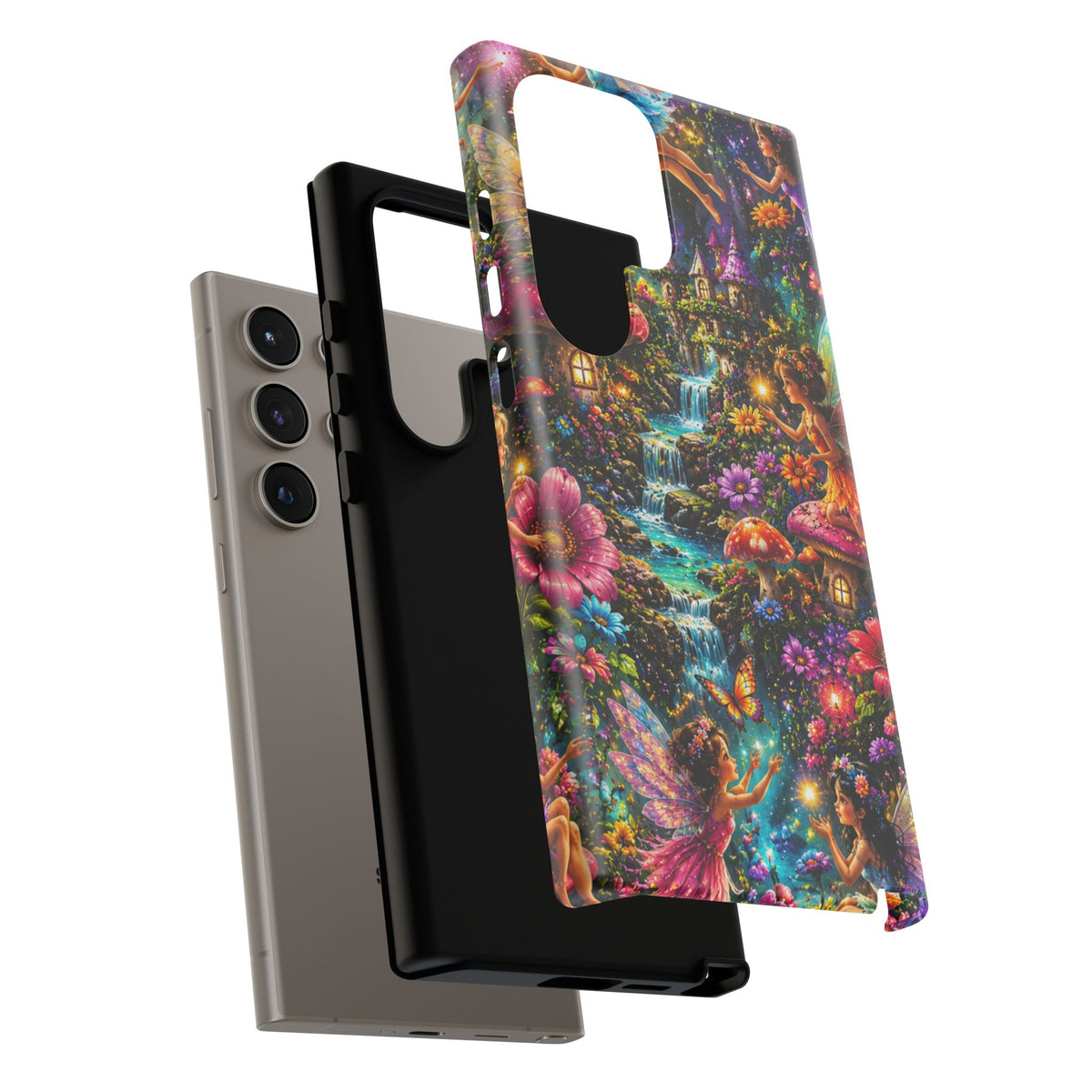 Fairy Garden Tough Phone Case — Whimsical Cottage, Waterfall & Mushroom Artwork
