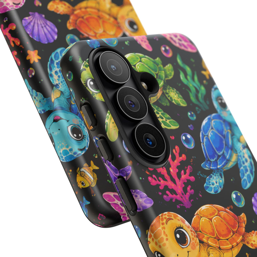 Phone Case — Colorful Cute Sea Turtles on Black (Protective Smartphone Cover)