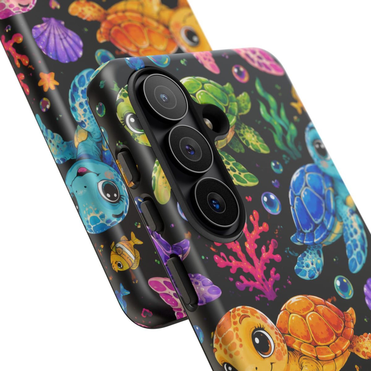 Phone Case — Colorful Cute Sea Turtles on Black (Protective Smartphone Cover)