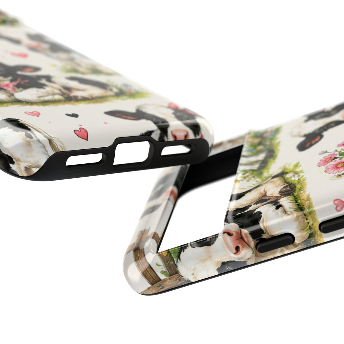 Cute Calf Pattern Phone Case – Pastel Cow Hearts & Flowers Protective Cover