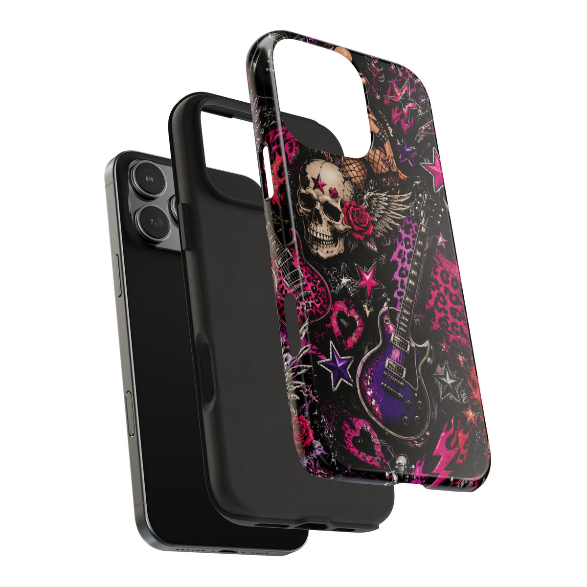Rock Skull Guitar Phone Case — Edgy Pink Skull & Roses Tough Phone Case