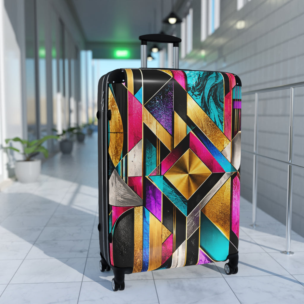 Geometric Glam Carry-On Suitcase – Bold Gold, Teal & Magenta Art Deco Design