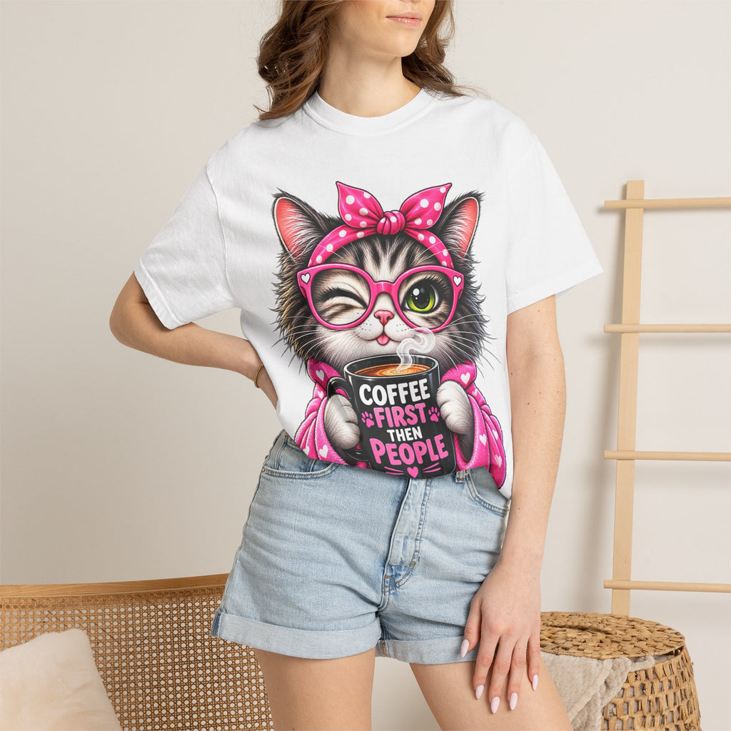 Cat Coffee Tee — "Coffee First Then People" Cute Cat Graphic T-Shirt