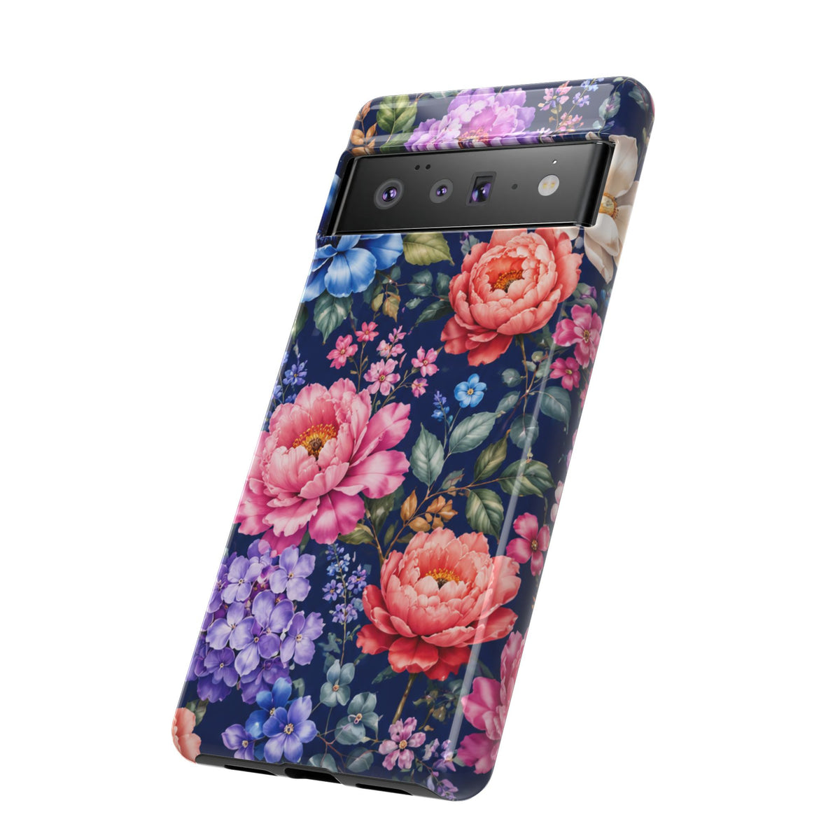 Floral Tough Phone Case – Vibrant Garden Flowers on Navy