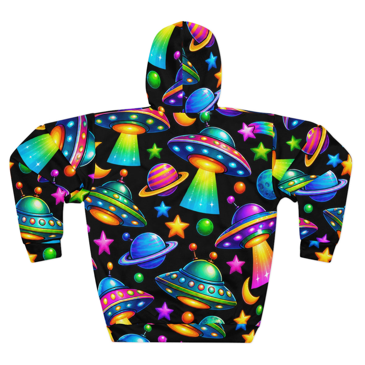 Neon UFOs & Planets Hoodie — All-Over Print Cosmic Alien Pullover