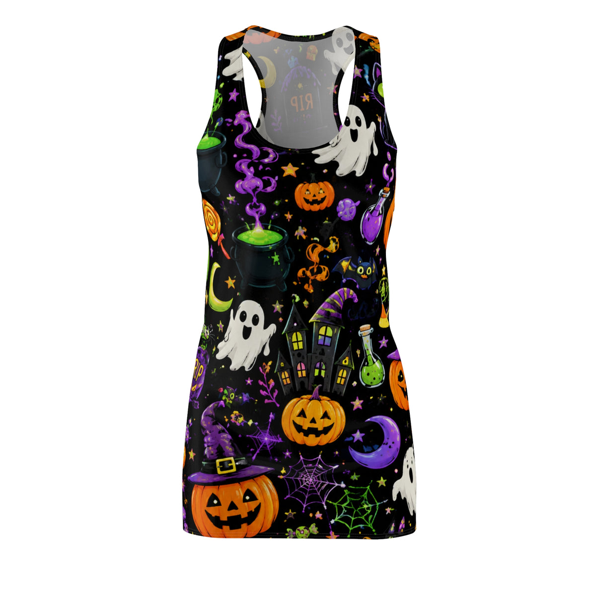 Halloween Allover Print Racerback Dress — Ghosts, Pumpkins & Spooky Night Pattern