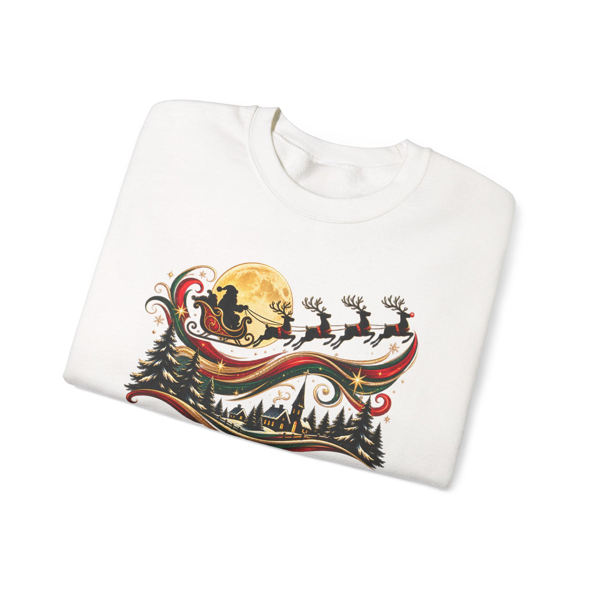 Christmas Sleigh Crewneck Sweatshirt - Santa Reindeer Moon Holiday Design