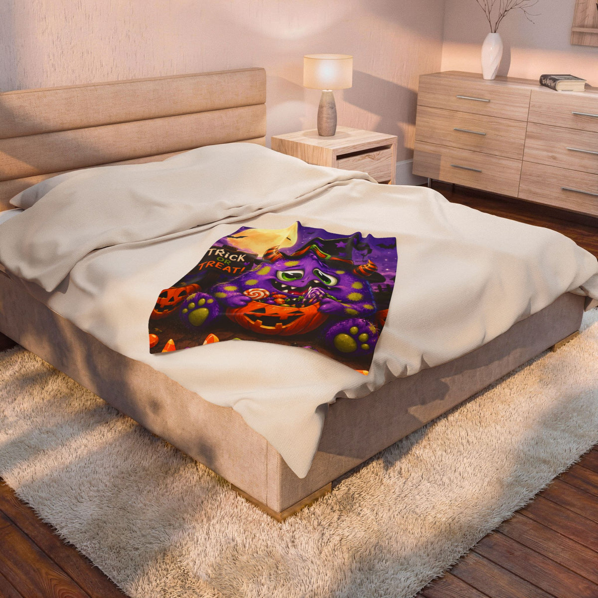 Halloween Monster Velveteen Plush Blanket – Cute Purple Trick or Treat Design
