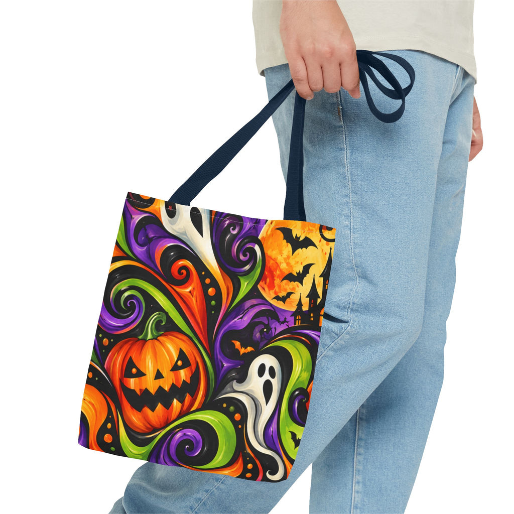Halloween Swirl Tote Bag — Colorful Pumpkin & Ghost Trick-or-Treat Tote