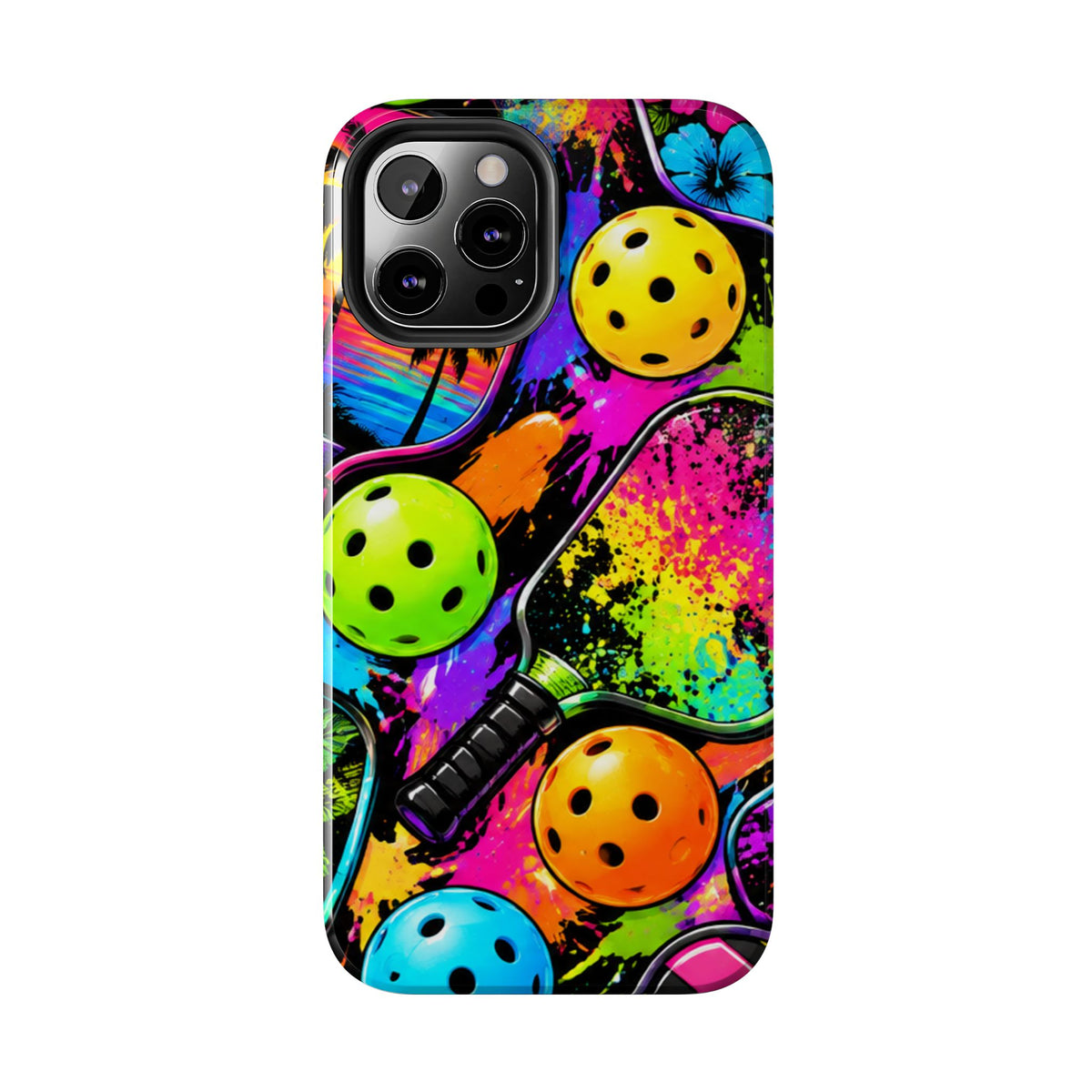 Pickleball Splash Tough Phone Case — Neon Paddle & Ball Protective Cover