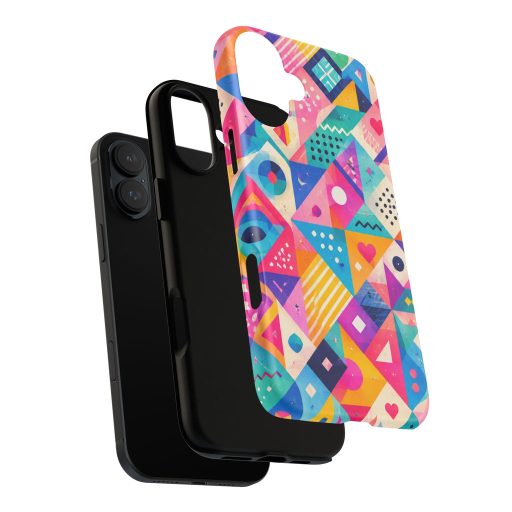 Colorful Geometric Tough Phone Case — Bright Abstract Heart & Triangle Pattern