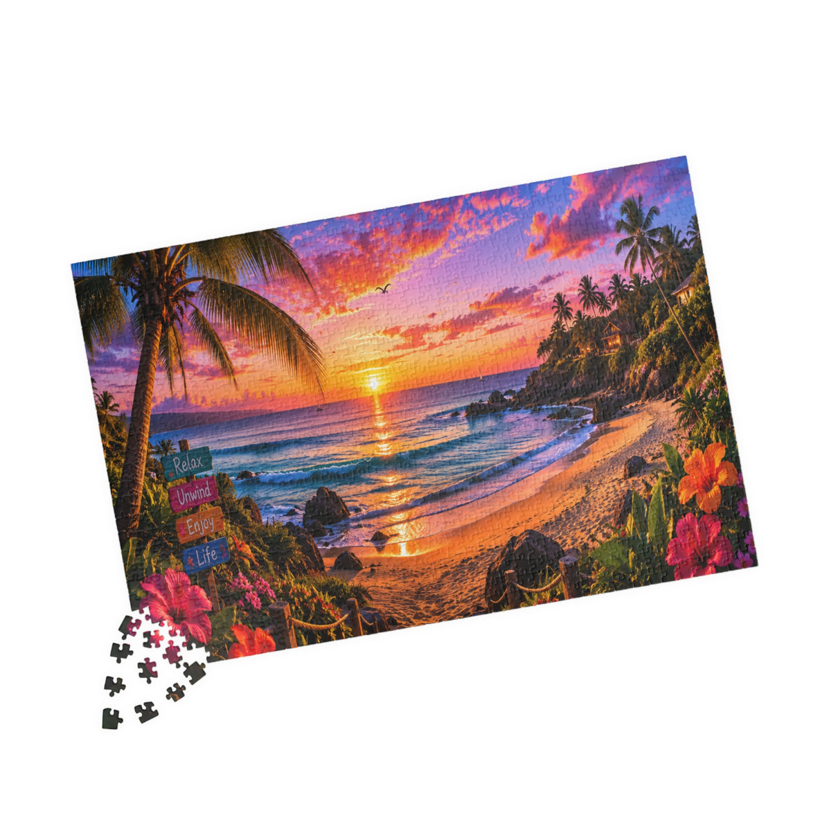 Tropical Sunset Beach Jigsaw Puzzle — Scenic Ocean View 110/252/520/1014-Piece