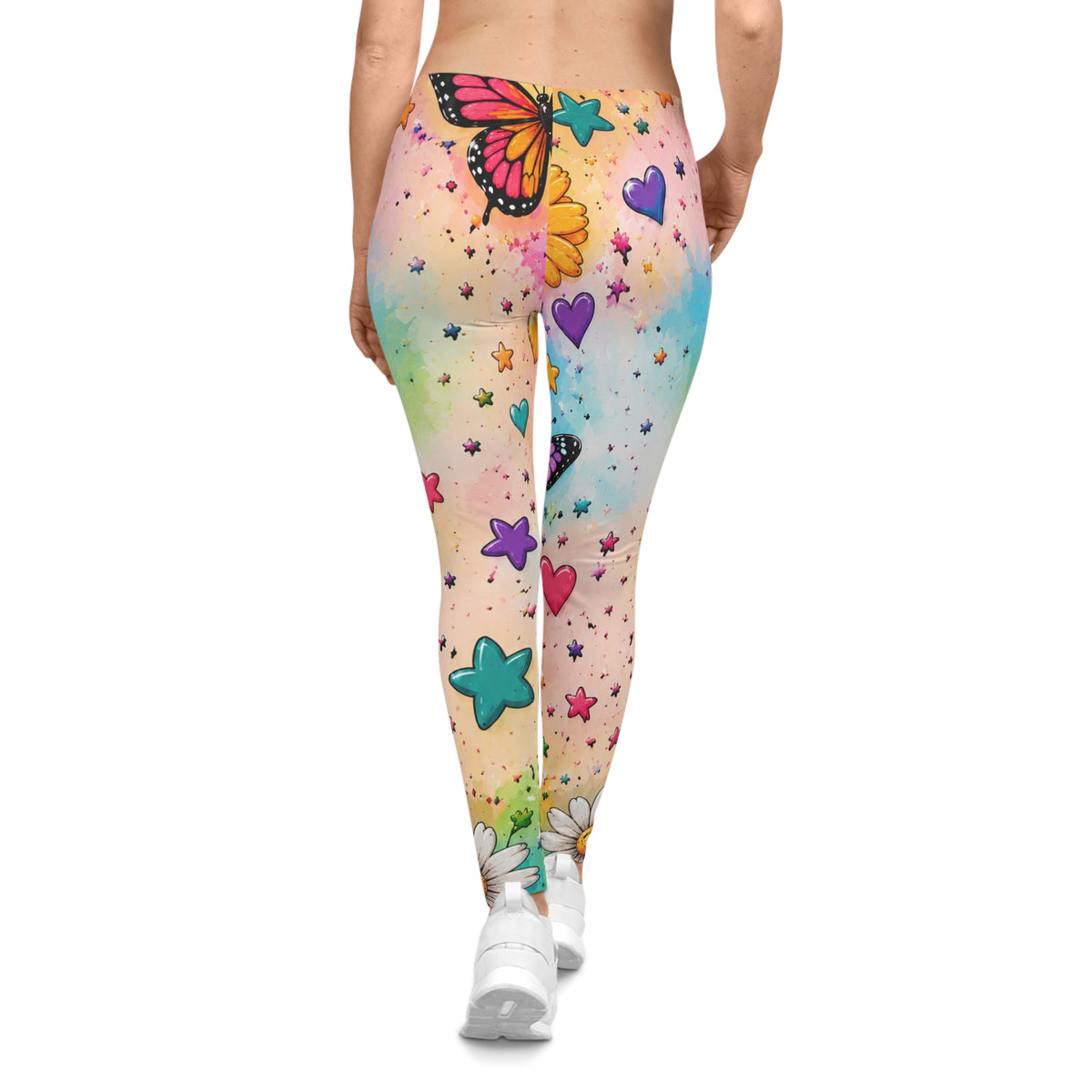 Rainbow Butterfly Hearts Leggings — Colorful Floral All-Over Print Leggings