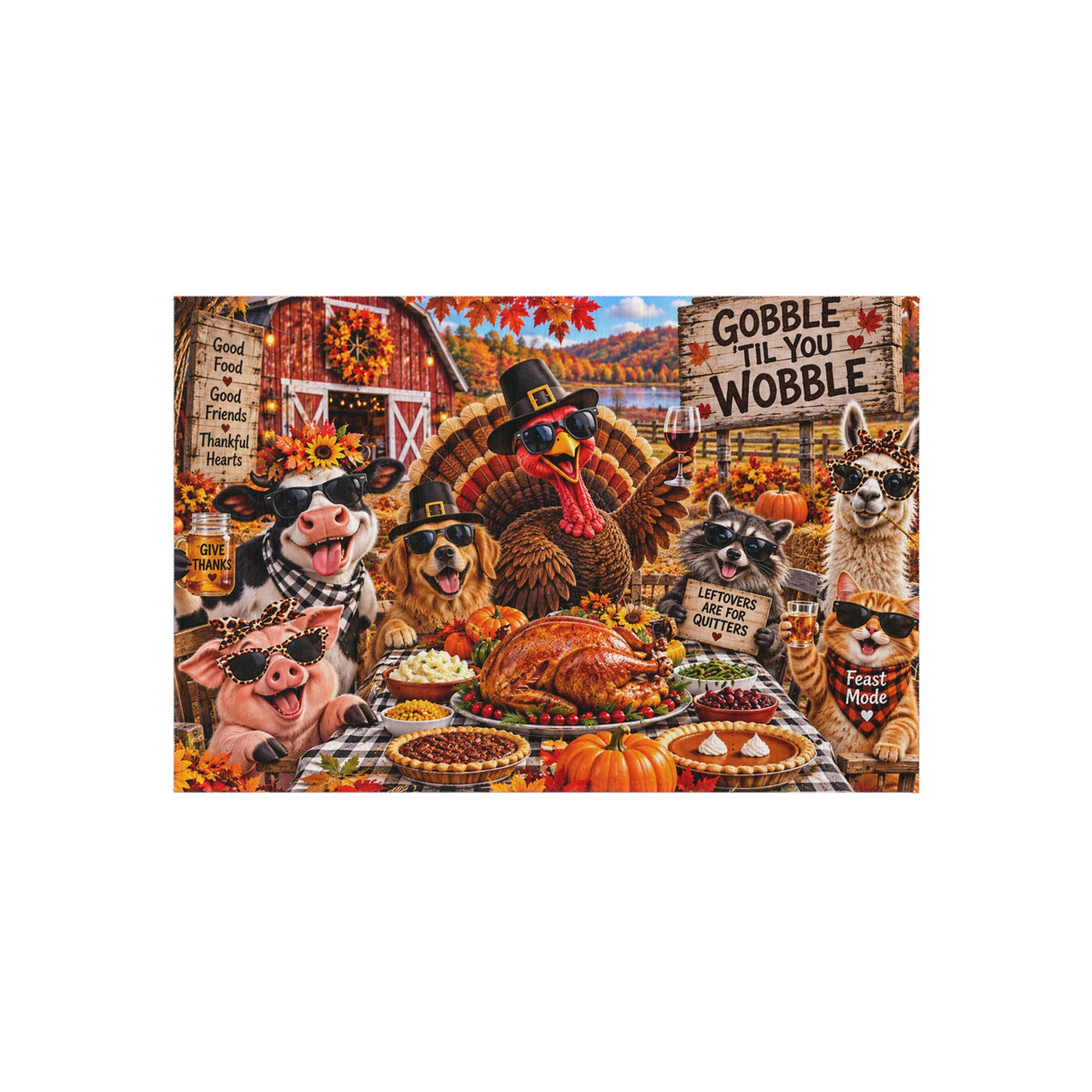 Thanksgiving Pets Outdoor Rug — "Gobble 'Til You Wobble" Festive Turkey & Farm Animals Porch Mat