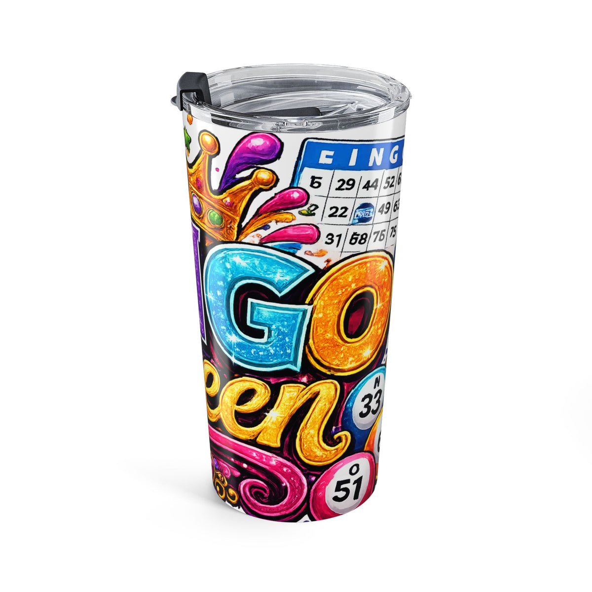 Bingo Queen Tumbler | 20oz Glitter Crown Bingo Ball Design