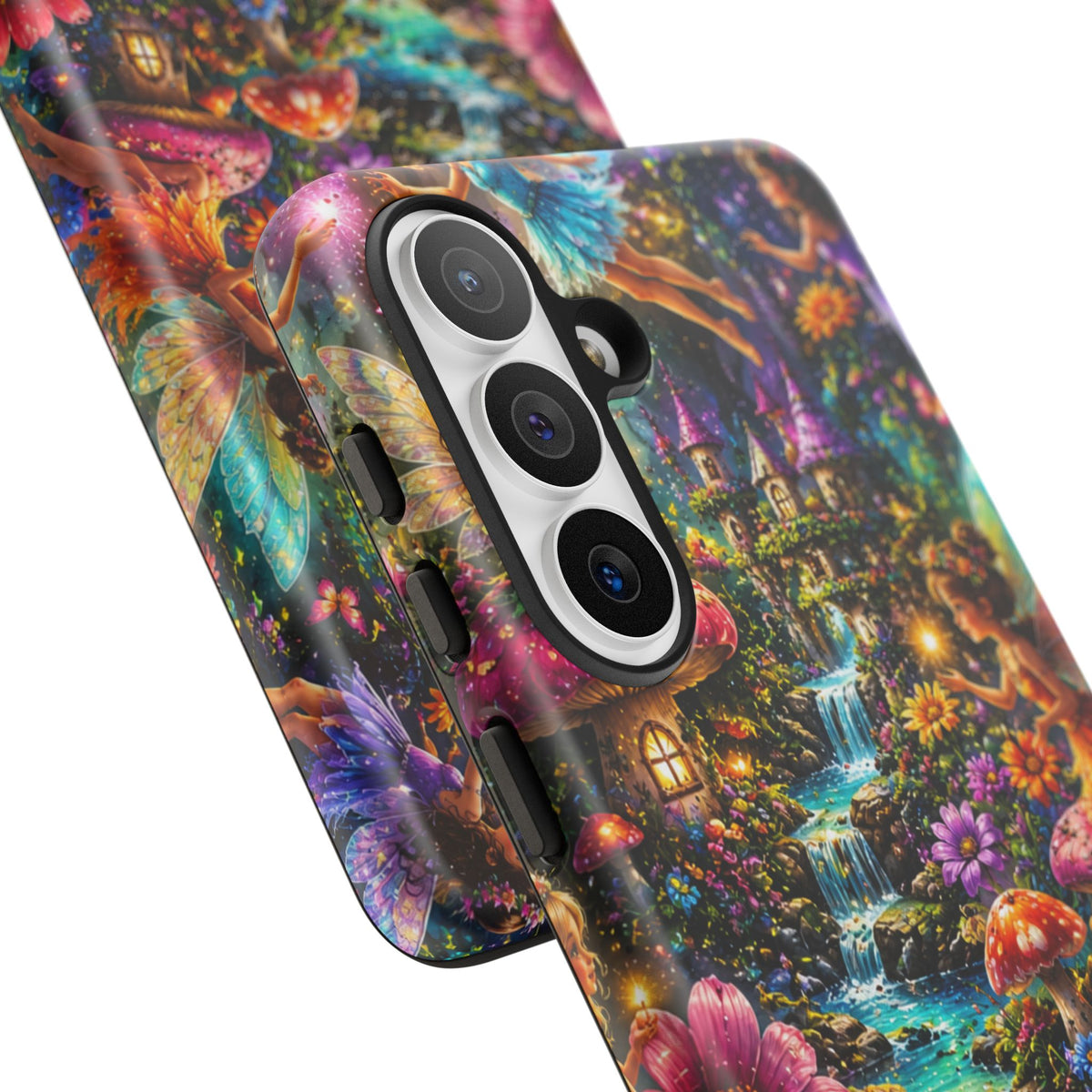 Fairy Garden Tough Phone Case — Whimsical Cottage, Waterfall & Mushroom Artwork