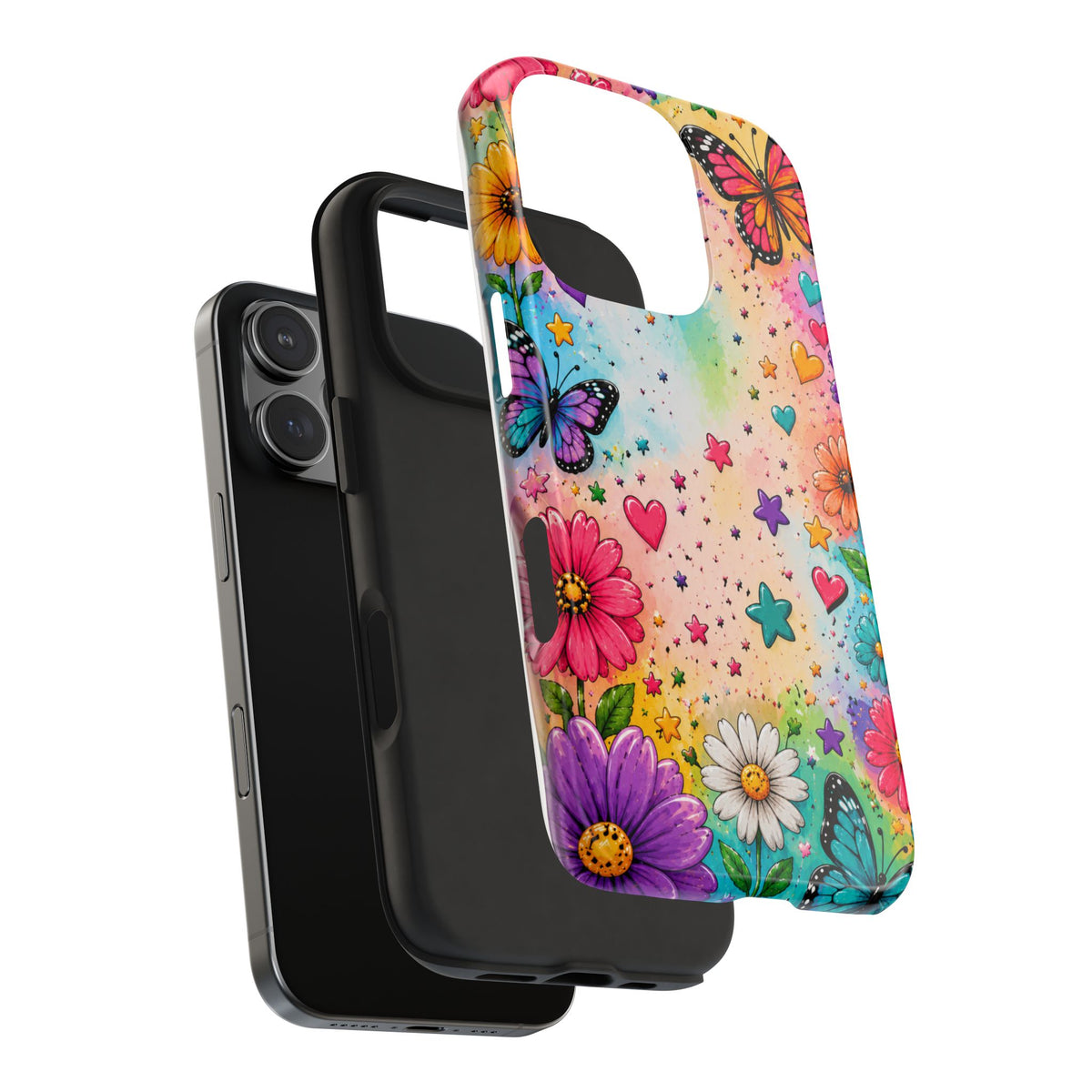 Colorful Butterflies and Flowers Tough Phone Case | Rainbow Hearts Stars