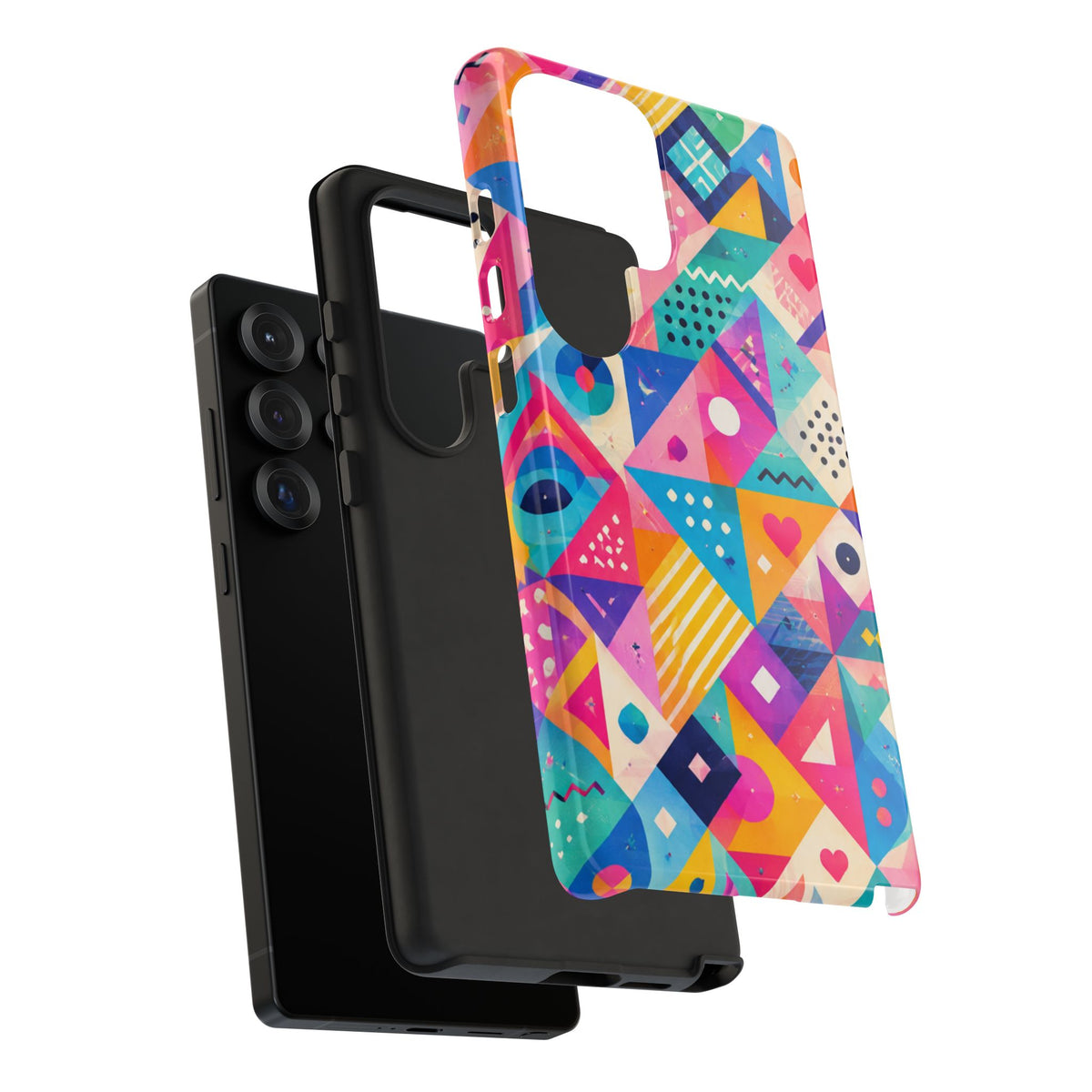 Colorful Geometric Tough Phone Case — Bright Abstract Heart & Triangle Pattern