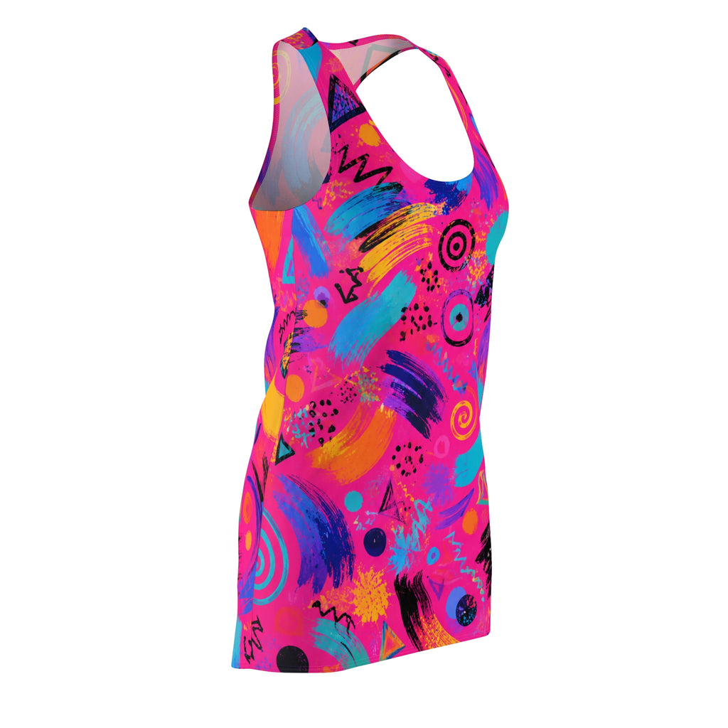 Neon Abstract Racerback Dress — Bright 80s Retro All-Over Print