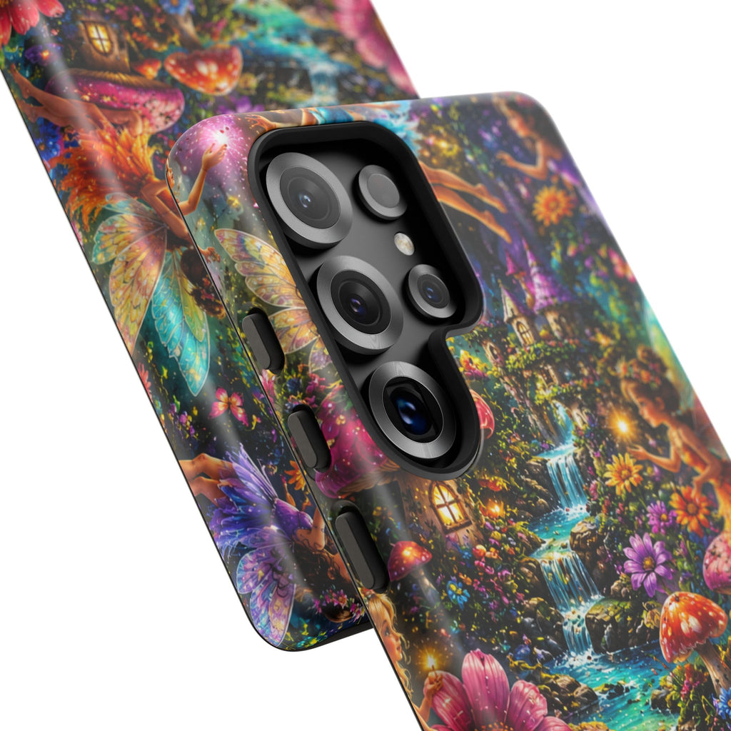 Fairy Garden Tough Phone Case — Whimsical Cottage, Waterfall & Mushroom Artwork