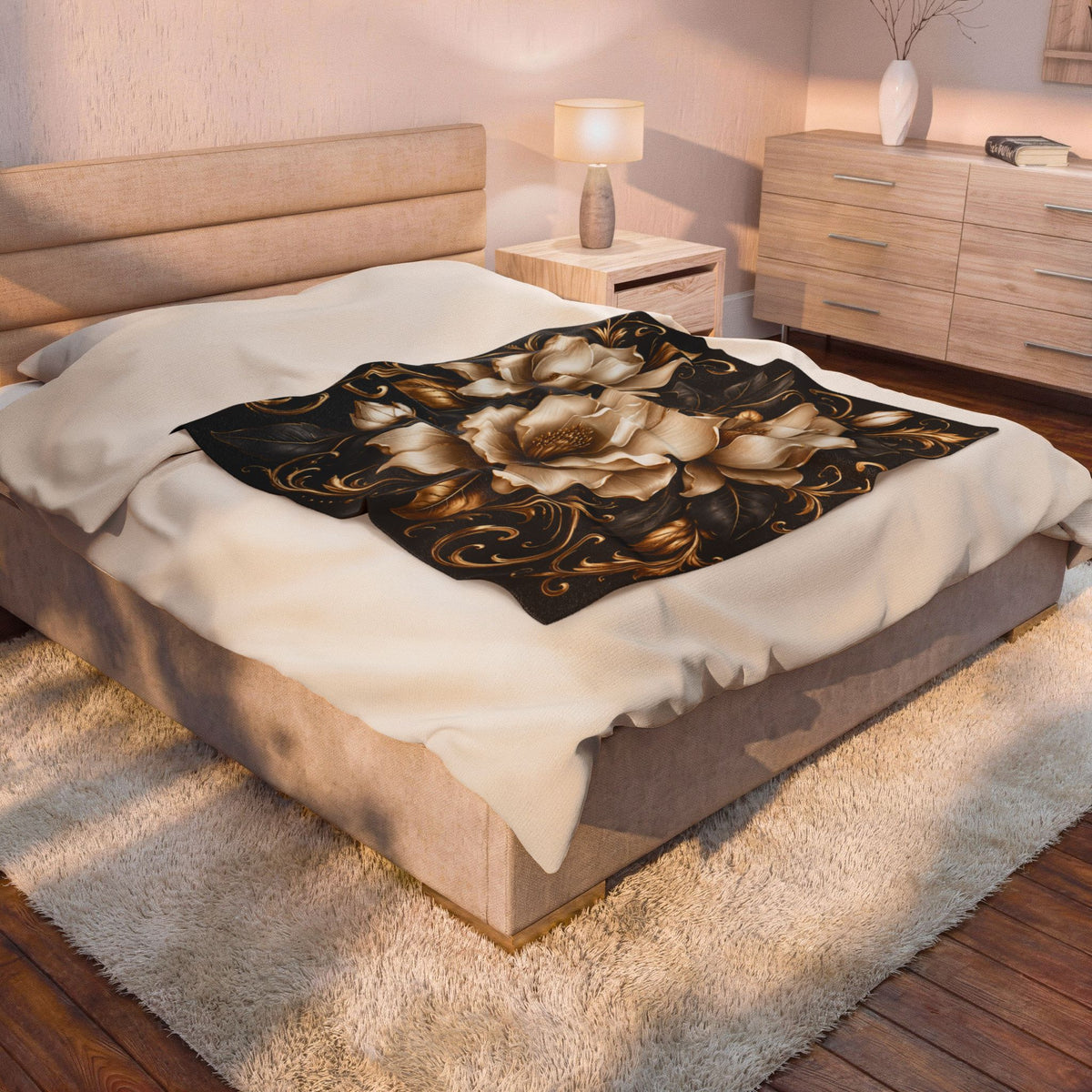 Velveteen Plush Blanket — Elegant Gold Magnolia Floral Throw