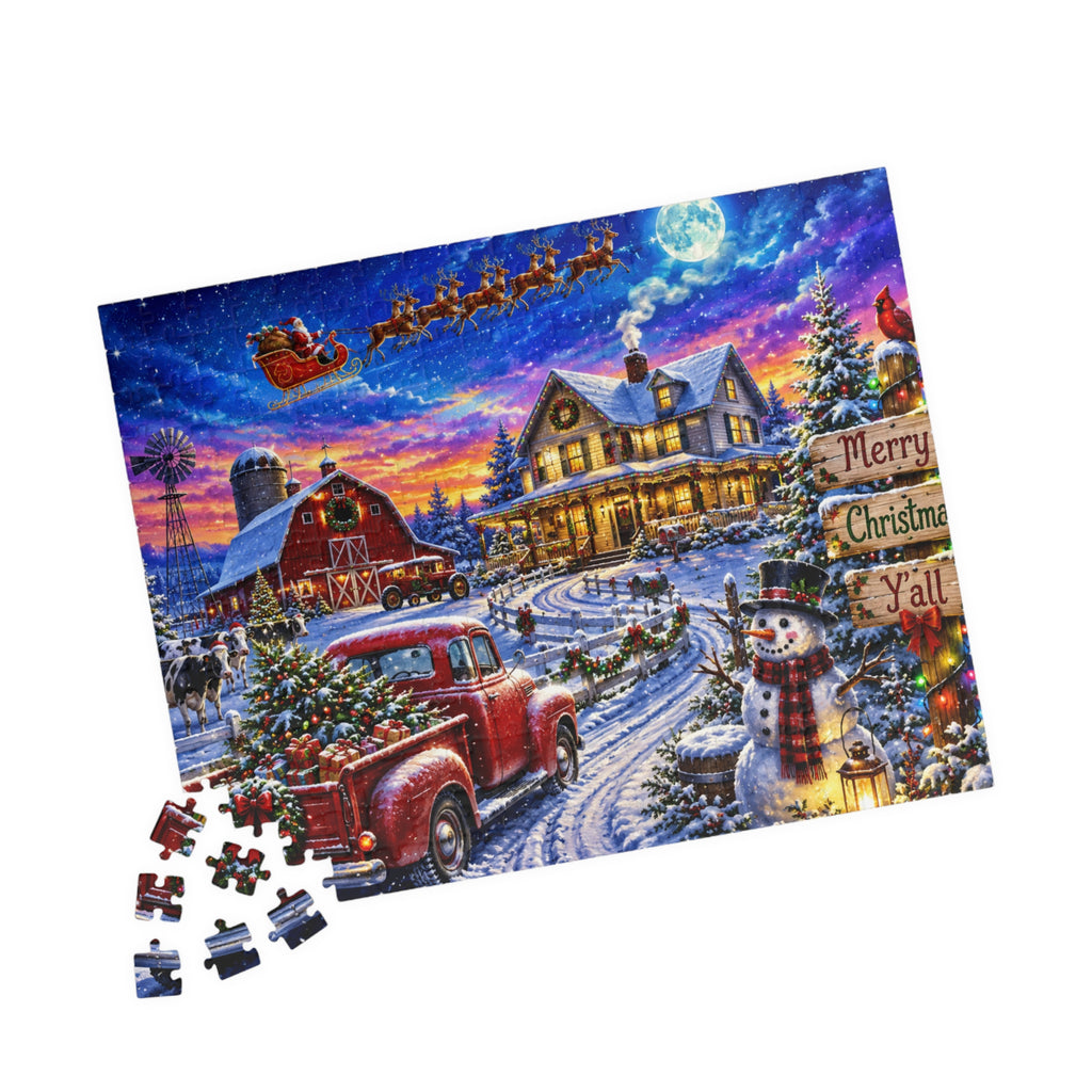 Christmas Country Scene Puzzle — 'Merry Christmas Y'all' Holiday Jigsaw (110–1014 pcs)