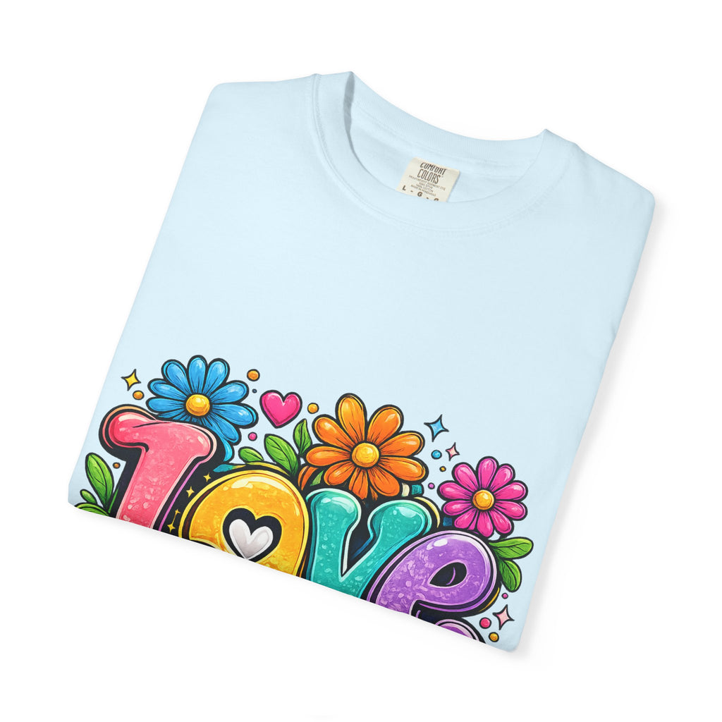 Retro Floral "Love" Design T-shirt | Colorful 70s Heart Typography