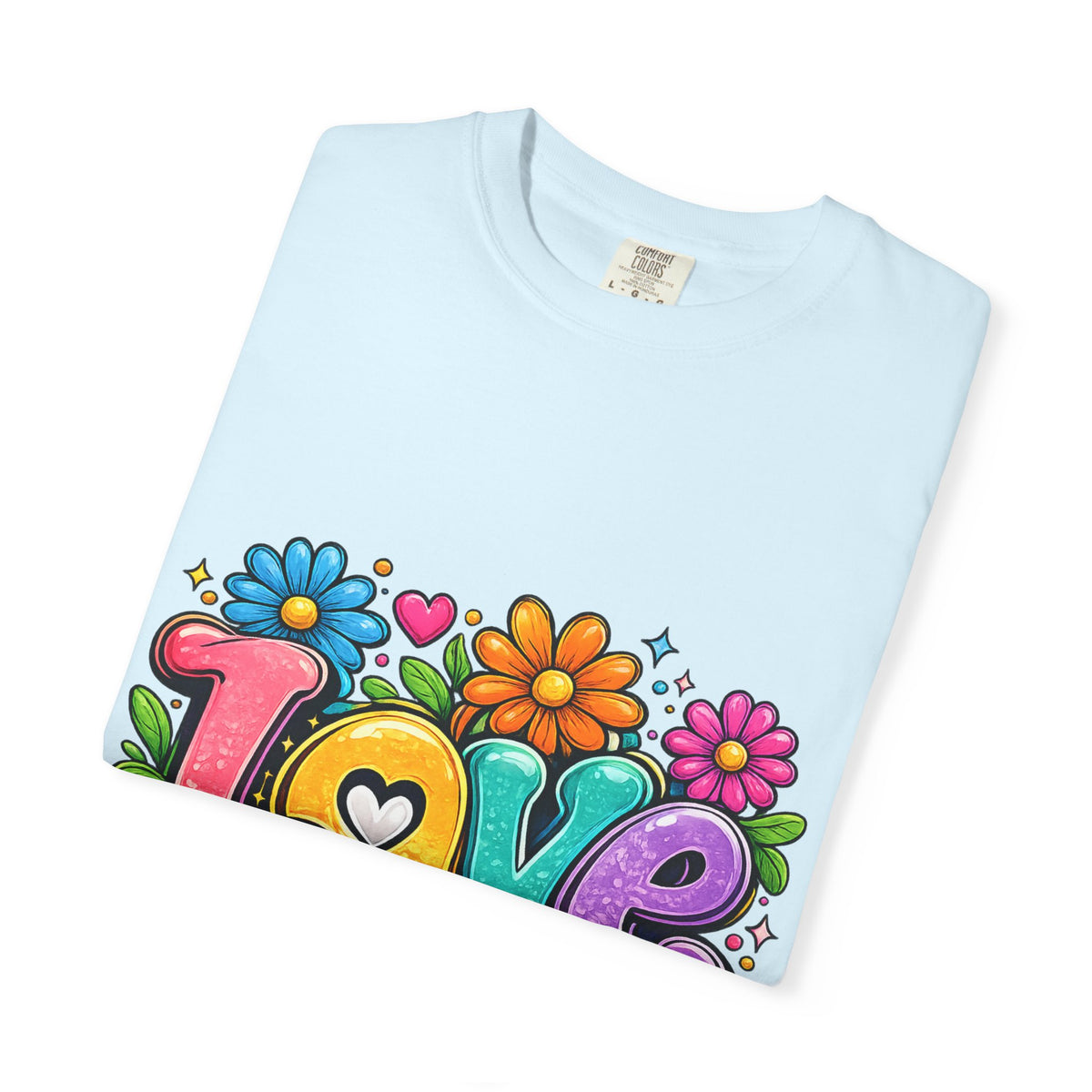 Retro Floral "Love" Design T-shirt | Colorful 70s Heart Typography
