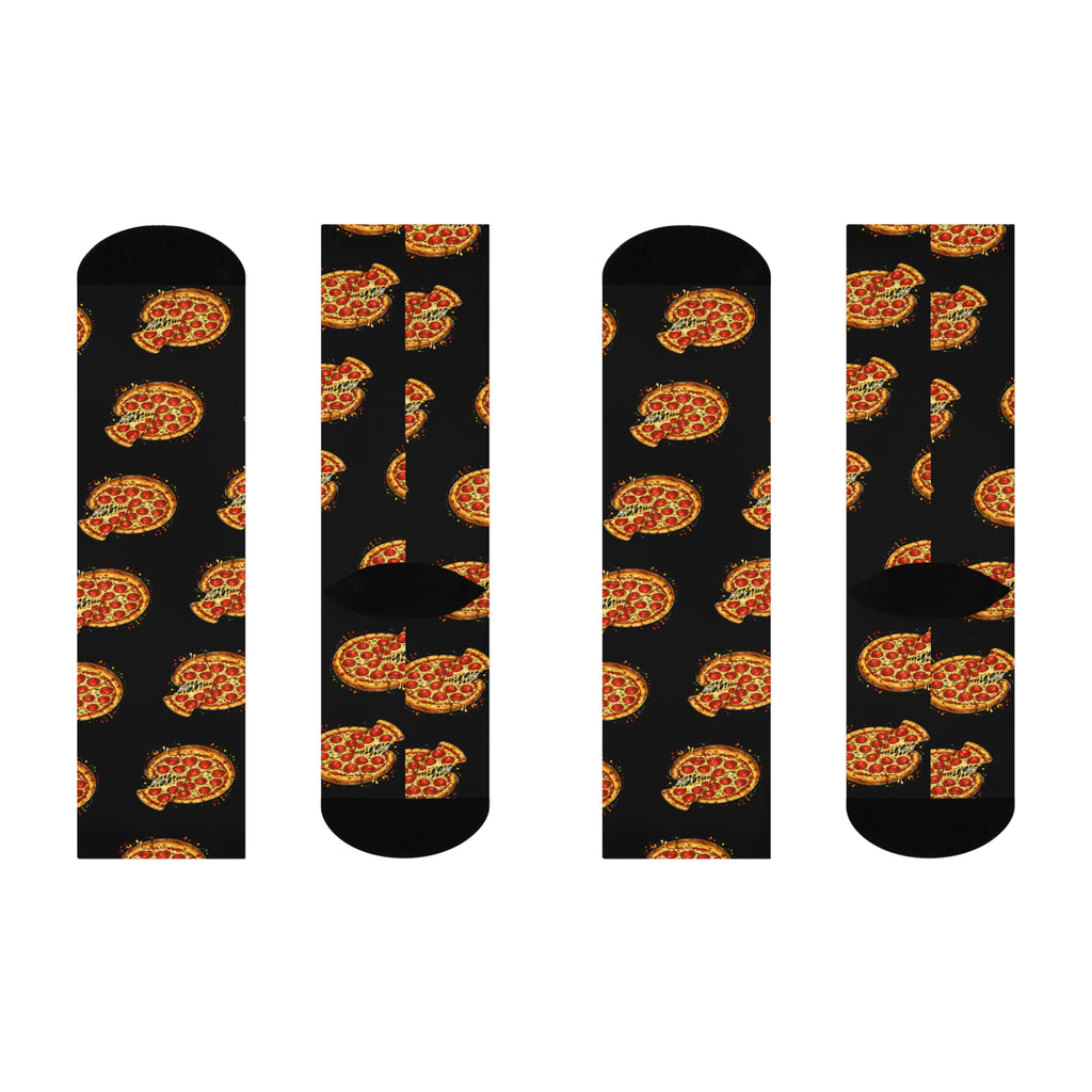 Pizza Pattern Crew Socks — Fun Black Cushioned Knee-High Socks
