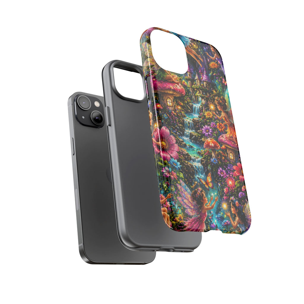 Fairy Garden Tough Phone Case — Whimsical Cottage, Waterfall & Mushroom Artwork
