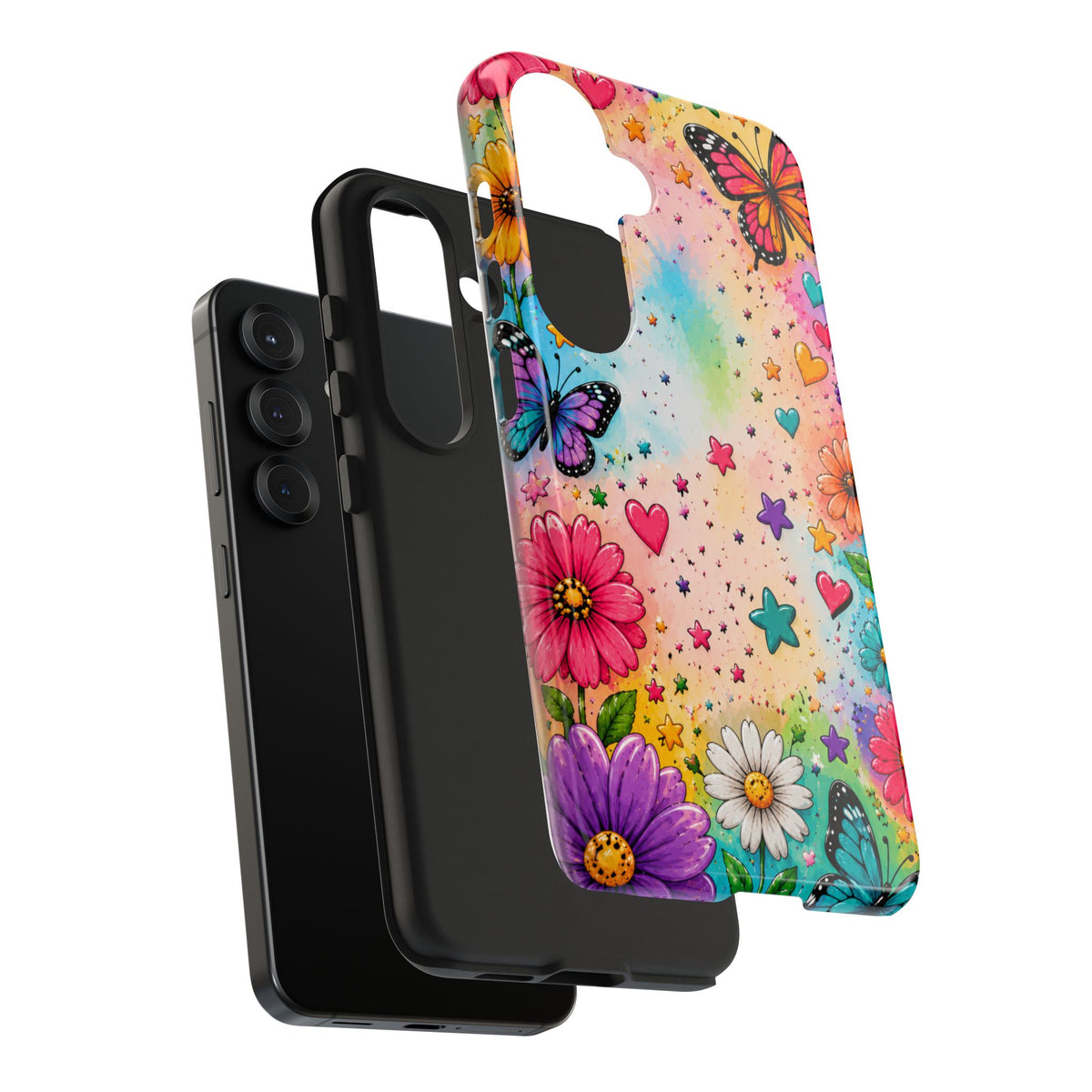 Colorful Butterflies and Flowers Tough Phone Case | Rainbow Hearts Stars