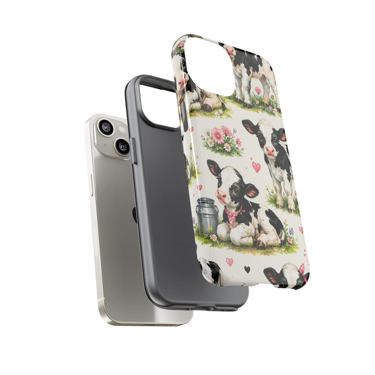 Cute Calf Pattern Phone Case – Pastel Cow Hearts & Flowers Protective Cover