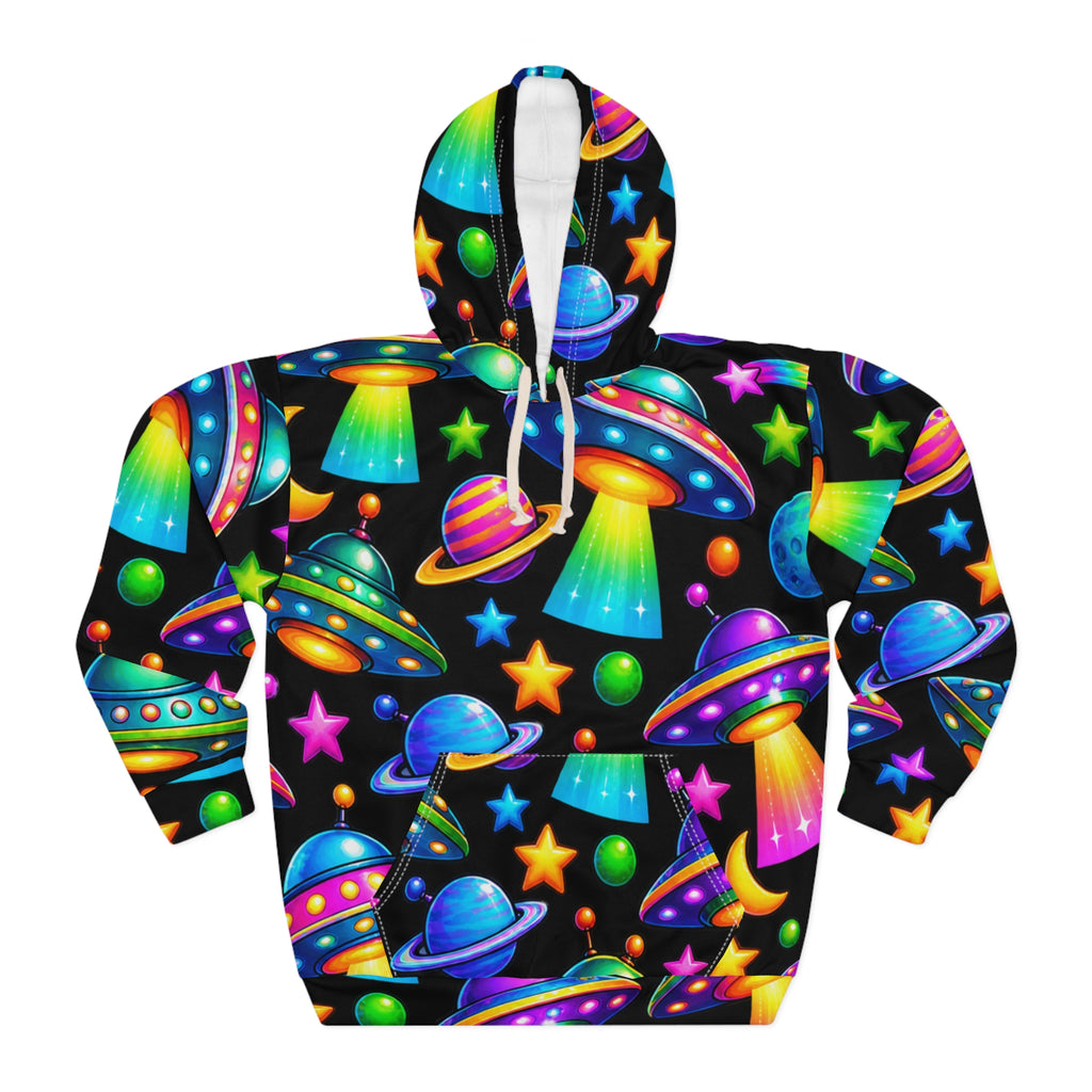 Neon UFOs & Planets Hoodie — All-Over Print Cosmic Alien Pullover