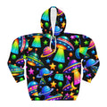 Neon UFOs & Planets Hoodie — All-Over Print Cosmic Alien Pullover