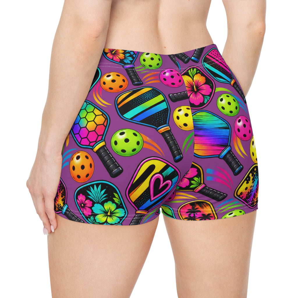 Neon Paddle Sports Women's Shorts — Colorful Pickleball & Paddle Print AOP