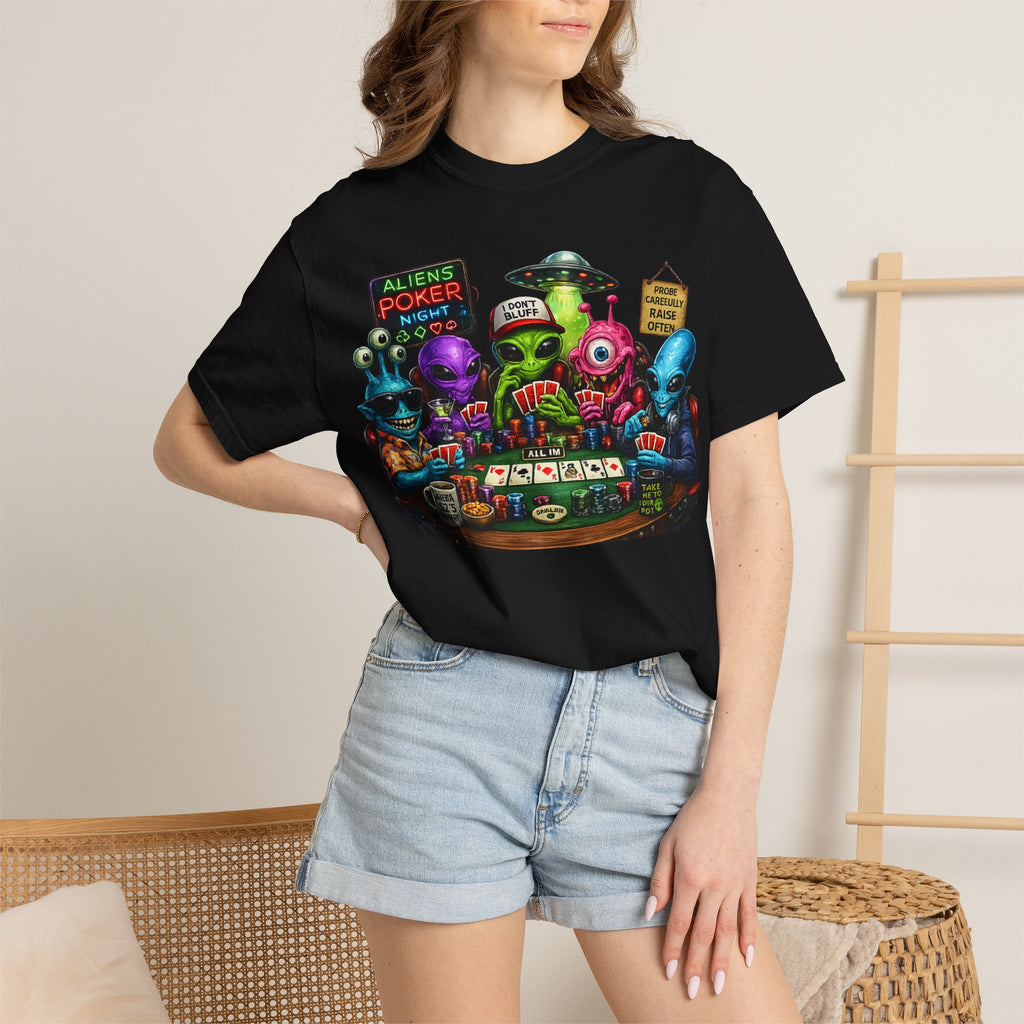 Aliens Poker Night T-shirt | Funny UFO Casino Card Game Design