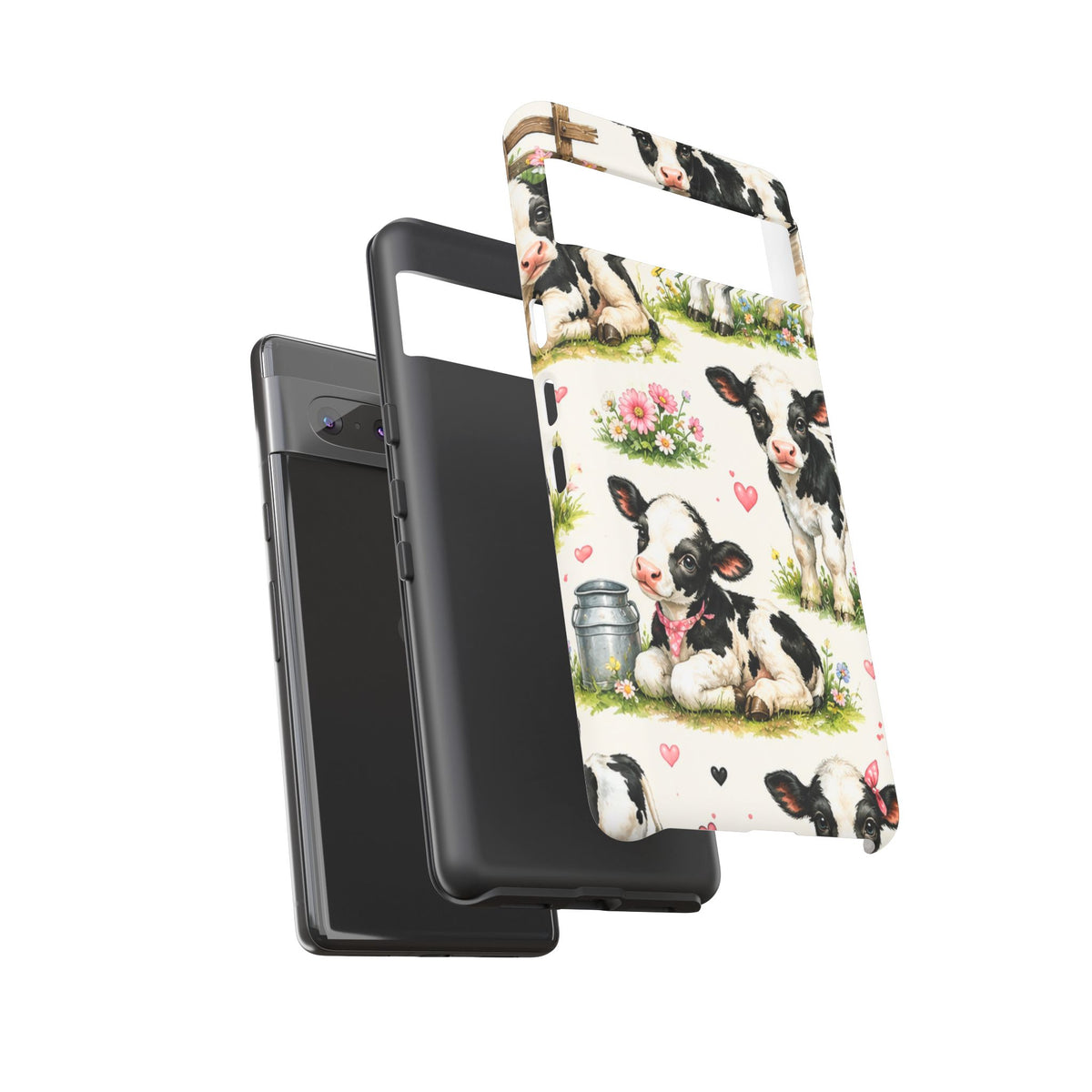Cute Calf Pattern Phone Case – Pastel Cow Hearts & Flowers Protective Cover