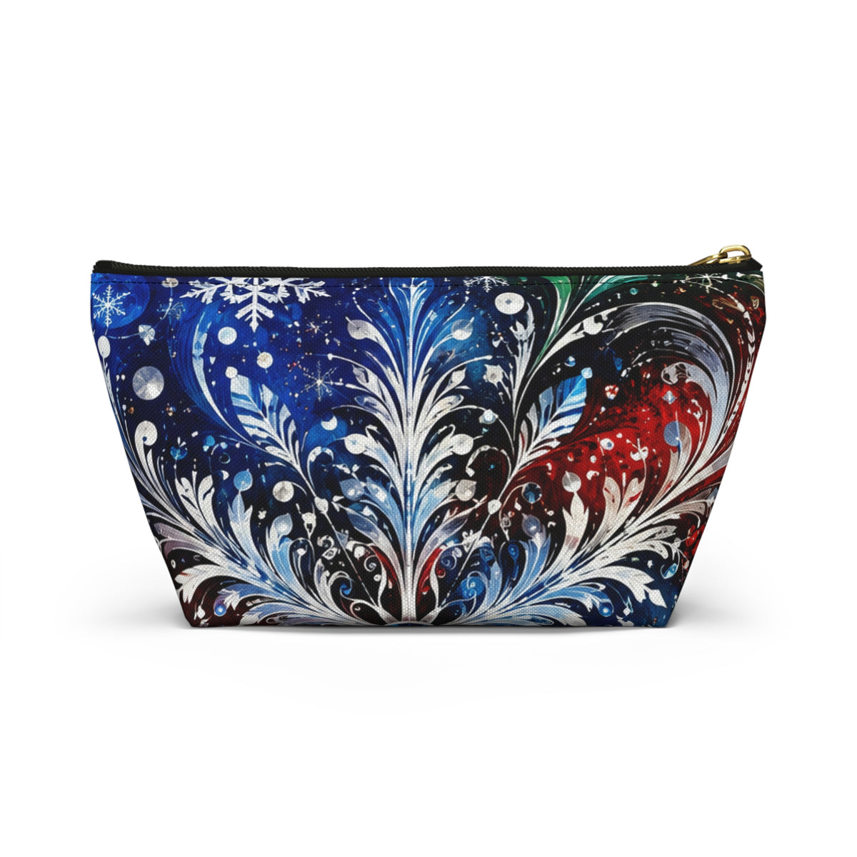 Winter Floral Accessory Pouch — Snowflake Cosmetic Bag with T-Bottom