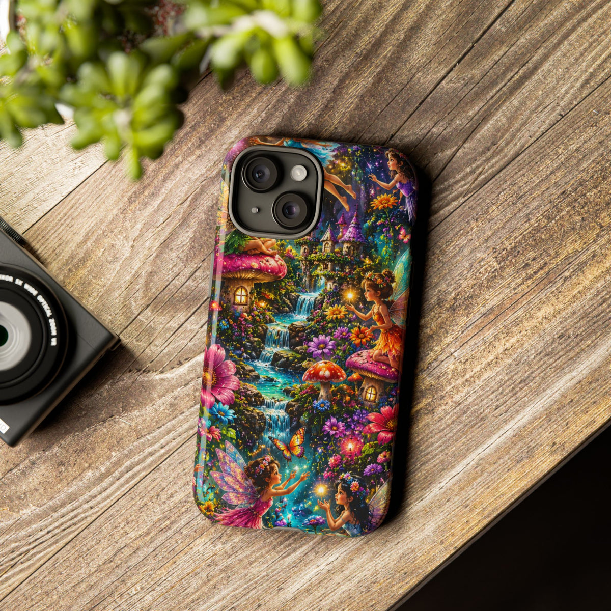 Fairy Garden Tough Phone Case — Whimsical Cottage, Waterfall & Mushroom Artwork