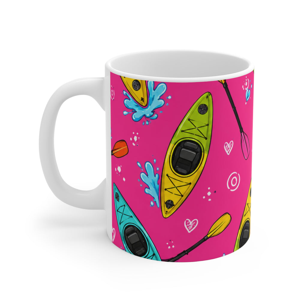 Kayak Pattern 11oz Mug — Bright Pink Boating Design