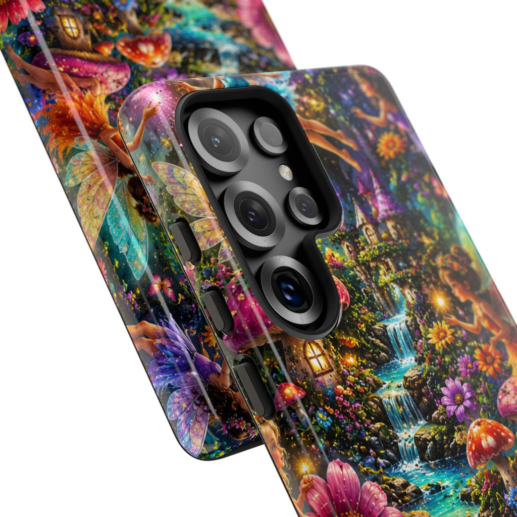 Fairy Garden Tough Phone Case — Whimsical Cottage, Waterfall & Mushroom Artwork