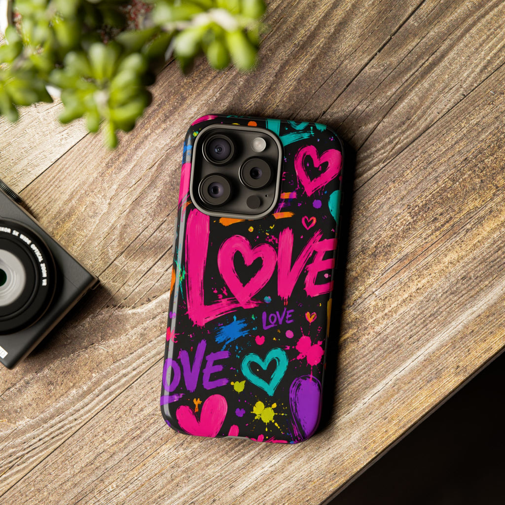 Phone Case — Neon Graffiti "Love" Hearts Protective Tough Case