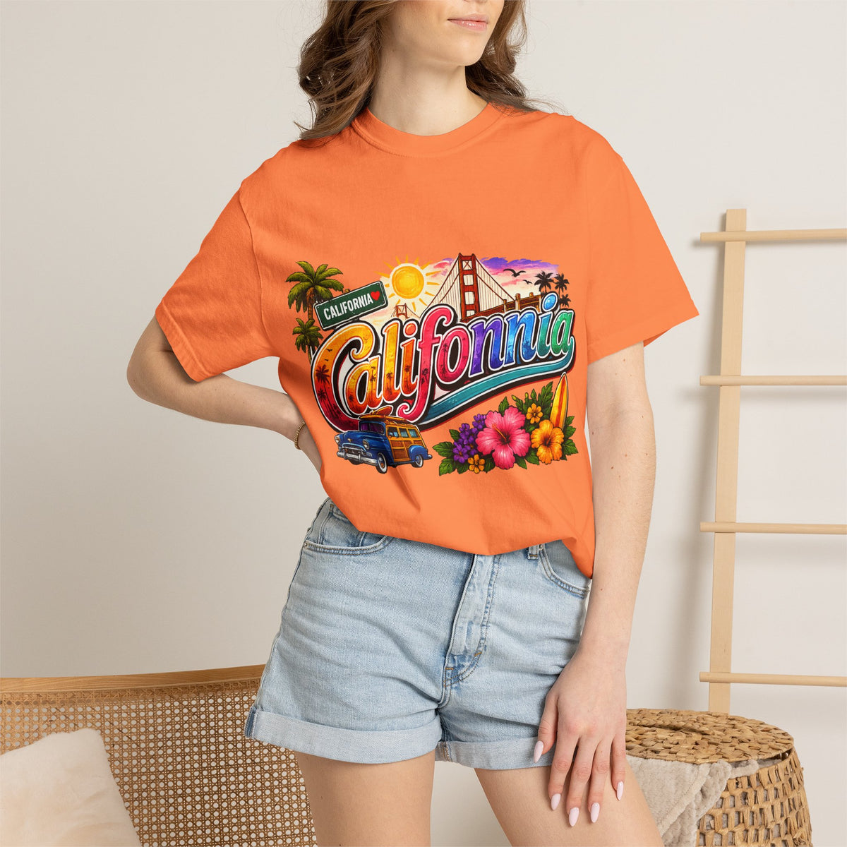 California Retro Sunset T-shirt | Golden Gate, Palm Trees & Surf