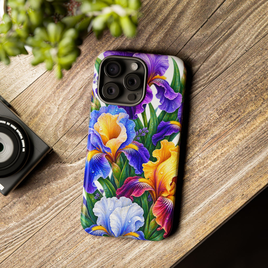 Floral Iris Tough Phone Case — Colorful Watercolor Iris Protective Cover