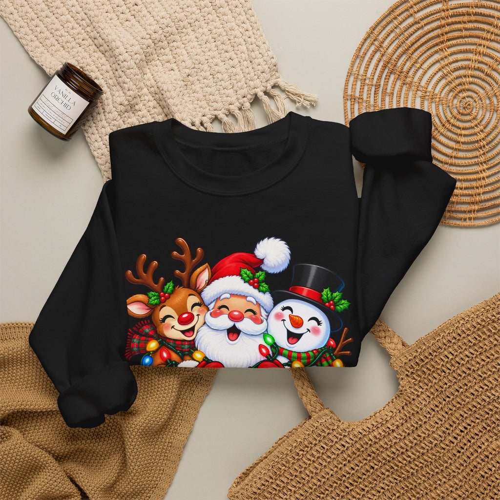 Christmas Trio Crewneck Sweatshirt — Santa, Reindeer & Snowman Holiday Pullover